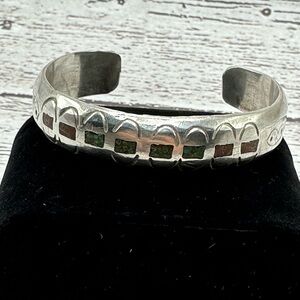 Artisan Silver Cuff Bracelet with Green Turquoise and Red Coral Inlay Accents